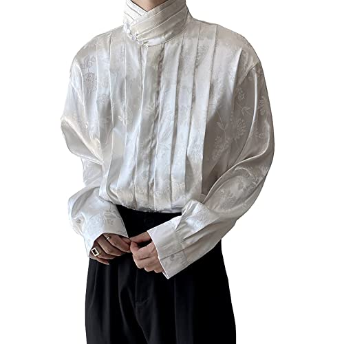 Men Satin Jacquard High-Collar Pleated Front Blouse with Floral Pattern