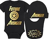Superhero Baby Onesie and Hat - Future Avenger - Avenger (3-6 Month - Black Fabric - Gold Design)