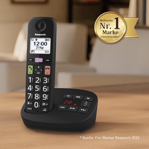 Panasonic KX-TGU130EXB digitales schnurloses Telefon mit Anrufbeantworter, Basisstation & 1 Mobilteil, LCD-Display, große Tasten, Favoriten-Taste, hörgerätekompatibel, Schwarz