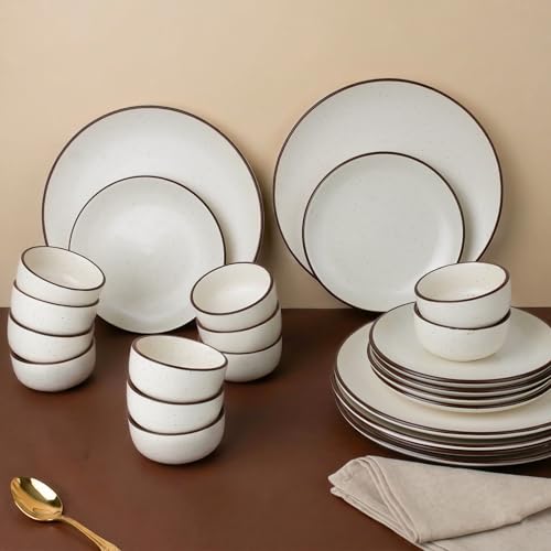 Image of The Earth Store Creme Matte Ceramic Dinner Set, 24 Pieces Includes 6 Full Dinner Plates 6 Quarter Plates & 12 Vegetable Bowls Microwave & Dishwasher Safe | Crockery Set for Gifting & Dining