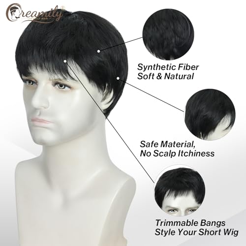Image of Creamily Black Short Straight Hair Wig for Men, Natural Looking Full Head Wig for Men, Comfortable Artificial Realistic Hair Wig Male for Daily Party (Black, 8 Inches)