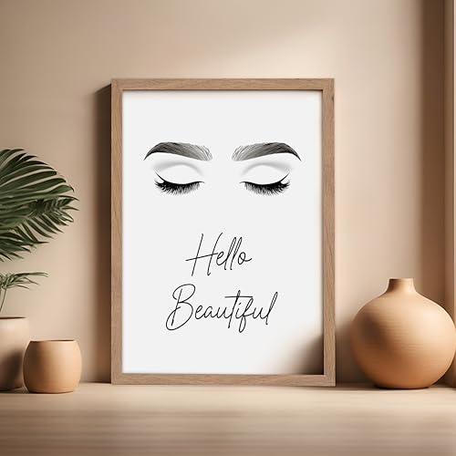Image of Poster Master Fashion Poster - Hello Beautiful Print - Trendy Art - Modern Art - Minimal Art - Gift for Men, Women & Fashionista - Glam Decor for Dorm, Living Room or Bedroom, 16x20 Beige Framed