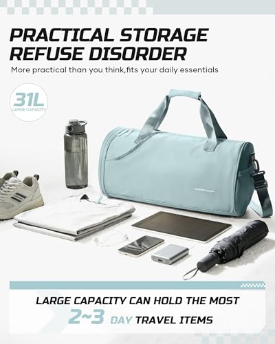 Image of Gym Bag for Women & Men with Wet & Shoe Compartment, Small Duffle Bag for Travel, Sport, Gym, Workout, Overnight, Weekender, Carry-on - Light Blue