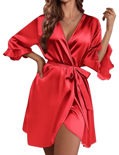 Image of Ekouaer Women's Satin Robe Valentines Lingerie for Women Kimono Bathrobe Short Ruffle Belted Robes Bridesmaids Sleepwear