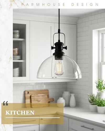 Image of Large Pendant Lights Kitchen Island, 10.5 inch Farmhouse Black Pendant Lighting with Clear Glass Shade, Vintage Hanging Light Fixtures for Dining Room Entryway, Adjustable Cord, AD-22151-1PL-BK-C