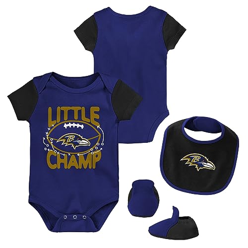 Image of Outerstuff Newborn & Infant Purple/Black Baltimore Ravens Little Champ Three-Piece Bodysuit Bib & Booties Set
