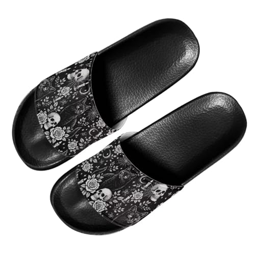 Image of Women Skull Slides Open Toe Women's Halloween Slide Sandals Size 8.5 Quick Drying Black Cat Beach Sandals for Women Pool Outdoor