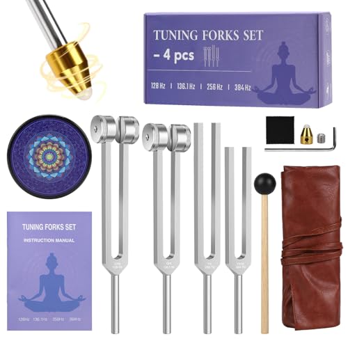 Tuning Forks for Healing Set (128Hz 136.1Hz 256Hz 384Hz) Sound Healing Instruments with Pure Frequencies Harmony Generator for Meditation Yoga & Chakra Therapy