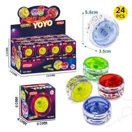 24 YOYO niños Colores LED, cumpleaños, Regalos Clase Colegio, yoyó 4 Colores (Amarillo, Verde, Azul, Rojo), Iluminación Transparente , 24 Unidades, Caja exposicion.