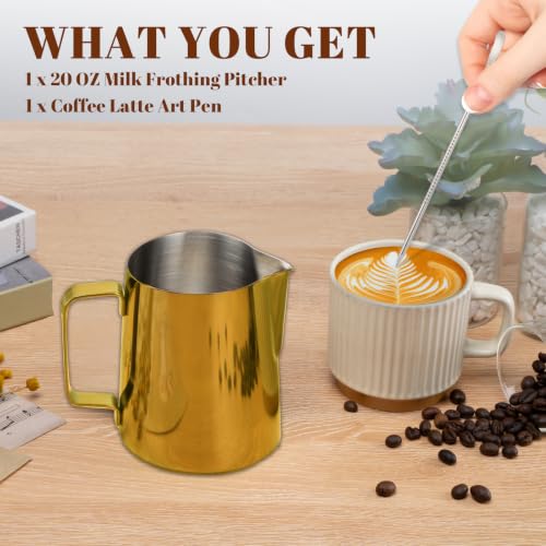 Image of Amrules Milk Frothing Pitcher 20oz Frother Cup Barista Tools, Gold