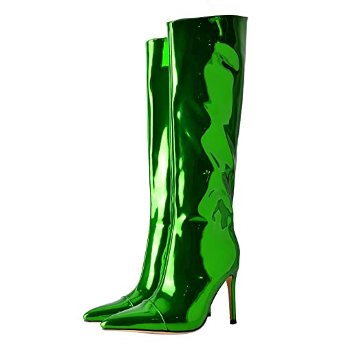 Image of Arqa Knee High Boots for Women Wide Calf 4 in Stiletto High Heel Metallic Boots Winter Chrome Zipper Long Boots Dressy Party Shoes