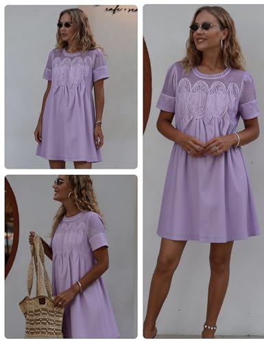 Image of Shiyifa Womens Babydoll Lace Patchwork Dresses Summer Short Sleeve Ruffle Sundress Loose Crew Neck A-Line Dresses