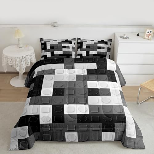 Image of Feelyou Building Blocks Games Toy Comforter Set Queen Size Kids Boys | Teens Brick Breathable Duvet Set Quilt Set Room Decor Black Grey Warm Cozy Lightweight All Season