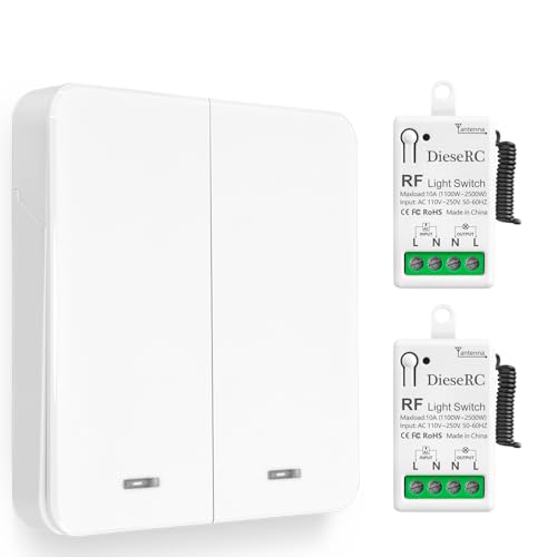 DieseRC Interrupteur de Lumière Sans Fil, Interrupteur émetteur RF pour Panneau Mural de type 86 et Contrôleur-récepteur à Relais de 10 A, pour des Lumières Jusqu'à 1500 W