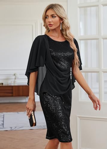 Hanna Nikole 2024 Womens Sequin Party Dress Plus Size Chiffon Cape Sleeve Cocktail Midi Dress4