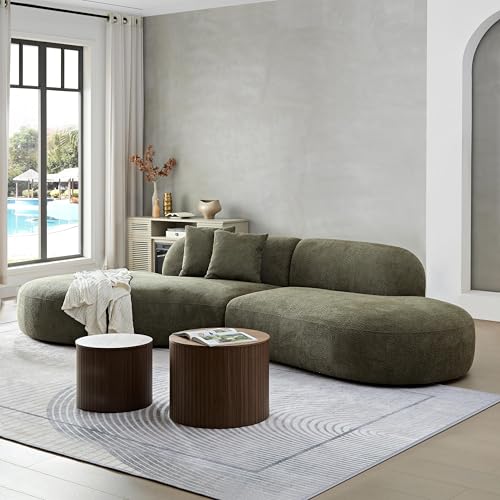 135.4" Curved Sectional Sofa, Boucle Fabric Upholstered Chaise Couch, 6-Seater Oversized Modern Modular Couch with 2 Pillows, Comfy Sofa for Living Room,Bedroom, Home Office, Green Left Facing - Image 4