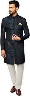 kisah Men's Indo-Western Sherwani Churidar Set, Navy Blue Cotton, Jacquard Regular Fit Mandarin Collar Long Sleeves-picture-18