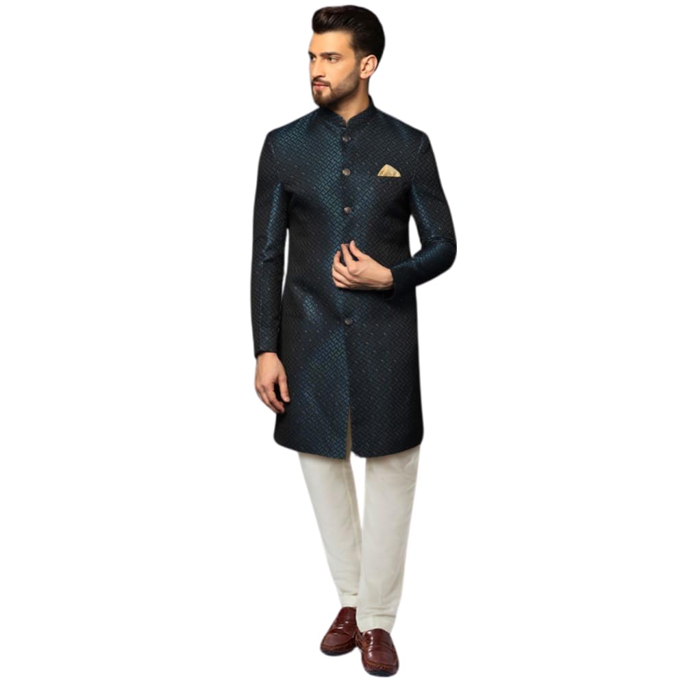 kisah Men's Indo-Western Sherwani Churidar Set, Navy Blue Cotton, Jacquard Regular Fit Mandarin Collar Long Sleeves-picture-14