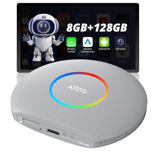 ATOTOZONE CB6 CarPlay AI Box&Android AI Box, Wireless CarPlay/Android Auto Adapter, Plug & Play CarWave Car Smart Box with AI DriveChat, GPS Track, Android 13, 2 BT, 4G LTE, 8G+128G, Silver