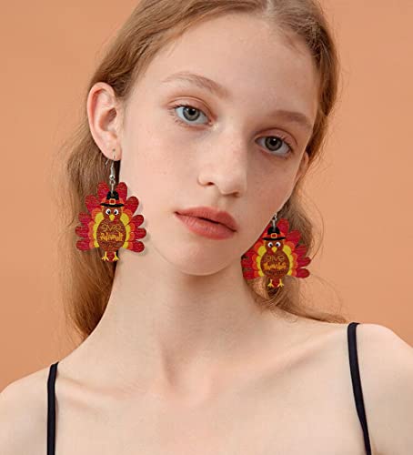 Thanksgiving Turkey Chicken Wooden Dangle Drop Earrings Hypoallergenic Pierced Huggie Hook Hoops Earring Fashion Autumn Jewelry Gifts For Women Girls Mother (Red) #TOP1