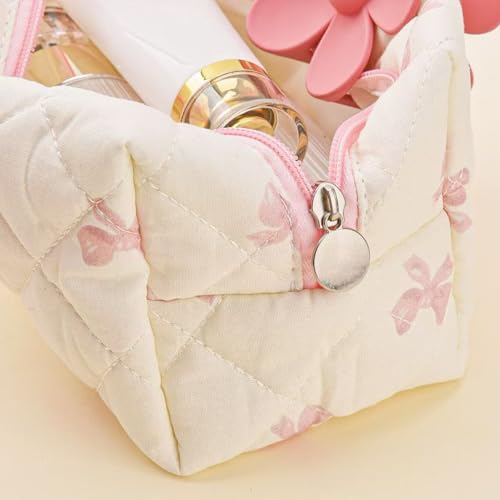Image of Floral Quilted Makeup Bag - Cosmetic and Skincare Product Pouch, Fashionable Travel Puffy Coquette Makeup Bag, Small Cute Attractive, Bow, Modern