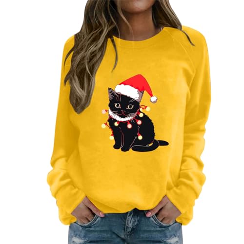 HERSIL Mujer Navidad Casual Cuello Redondo Raglán Manga Larga Pequeño Cuello Bombilla Estampado Gato Suéter Sudadera Ligera Mujer Verano, amarillo, L