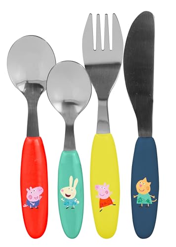 p:os 36180 - Peppa Pig Kinderbesteck, 4-teiliges Kinder Besteckset aus Edelstahl mit Kunststoffgriffen, mit Messer, Gabel, Suppenlöffel und Dessertlöffel