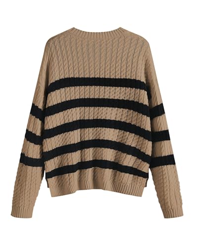 Image of ZAFUL Women's Striped Sweaters Casual Crew Neck Long Sleeve Pullover Oversized Cable Knit Loose Jumper Tops