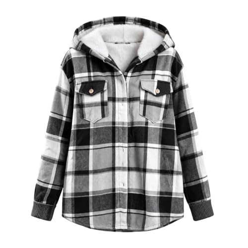 Fleece Jacket Women Plaid Fleece Lined Jackets Hooded Shacket with Pockets - image 6