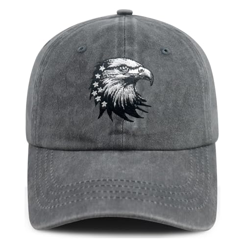 Patriotic Baseball Cap with Embroidered American Flag and Bald Eagle Design, Adjustable Strap, USA Theme Grey