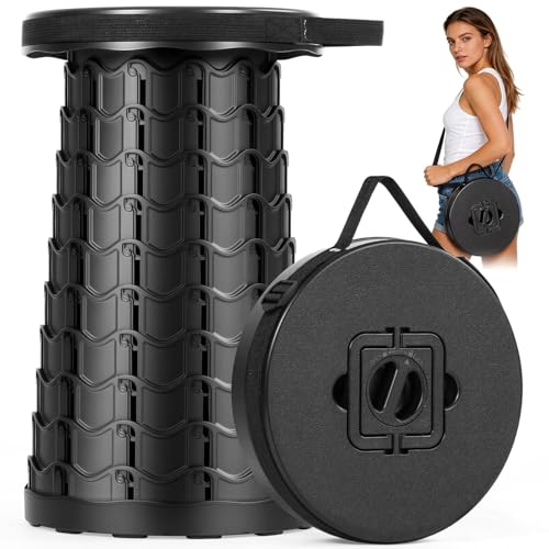 Image of Portable Retractable Stool, Black, Collapsible Round Seat with Carry Strap, 20.3 in Height