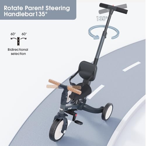 Image of newyoo Tricycle for Toddlers 1-3, Toddler Bike, Trike with Push Handle, Perfect Boys and Girls Birthday Gift and Toys, Balance Bike with Backrest and Safety Belt, TR007, Dark Gray