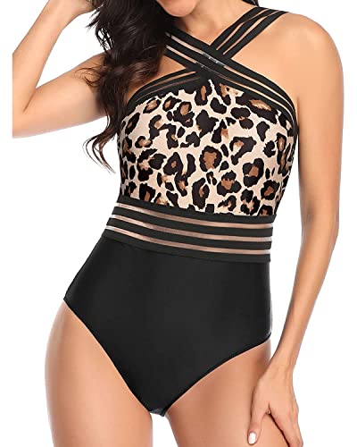 Tempt Me Women Black Leopard Crisscross One Piece Swimsuits Mesh Tummy Control Bathing Suits Front Crossover Swimwear S #TOP1