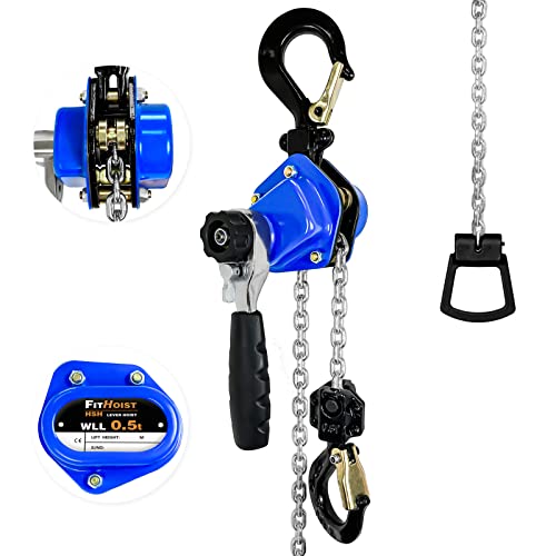 FITHOIST Mini Chain Hoist 1/2 Ton 1100Lbs Capacity 10Ft Lift Manual Lever Chain Hoist Alloy Steel G80 Chain 2 Heavy Duty Hooks for Garages Warehouse Automotive Machinery