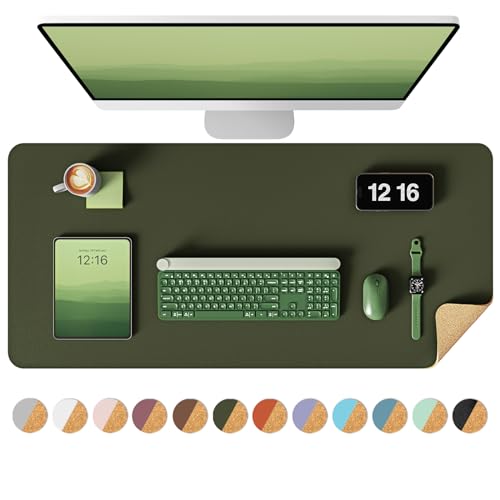 Image of YSAGi Double-Sided Desk Pad, 31.5 inchx15.7 inch Leather Desk Mat, Eco Cork Desk Pad Protector,Large Mouse Pad,Waterproof Desk Blotter for Office /Home (Dark Green /Cork)