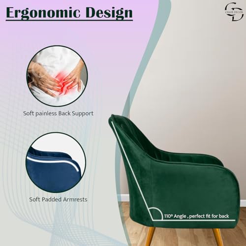 Image of Velvet Accent Chair | Luxury Upholstered Armchair with Sturdy Metal Legs | Modern Comfortable Chair for Living Room, Bedroom, Office, or Cafe (Golden Legs, Green)
