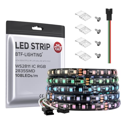 BTF-LIGHTING IP65 WS2811 IC RGB 16.4FT DC24V 108LED/m 8mm Width LED Strip
