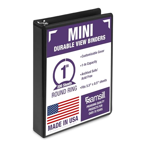 Samsill Durable1 Inch Mini 3 Ring Binder, Round Ring Binder, Holds 5.5 x 8.5 Inch Documents, Customizable Cover, 1" View, Single, Black