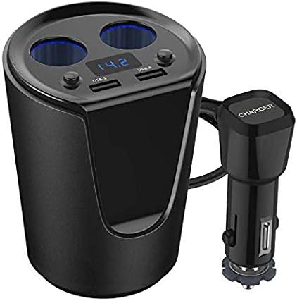 HiGoing Car Cup Charger, USB Car Charger 12V/24V Multi Function Car Power Adapter with Dual USB Ports + 2-Socket Cigarette Lighter Splitter for iPhone iPad, Android Samsung, GPS, Dashcam