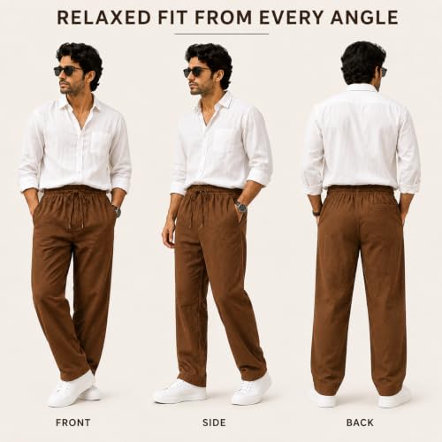 Image of Linen Pants for man || Relaxed Fit Casual Trousers for Men || Men's Lightweight Breathable Pants || Elastic Waist with Drawstring || All Season Pant for Regular, Travel & Office Wear