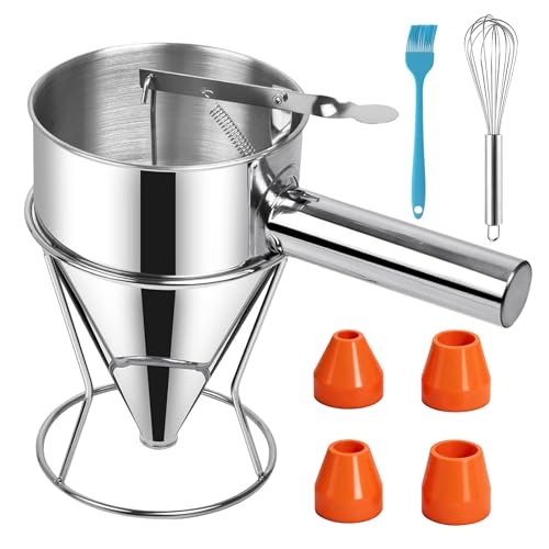 Entonnoir A Piston Distributeur de Pâte à Crêpes en Acier Inoxydable + Batteur D'oeufs + Brosse en Silicone pour Gâteaux Crêpes