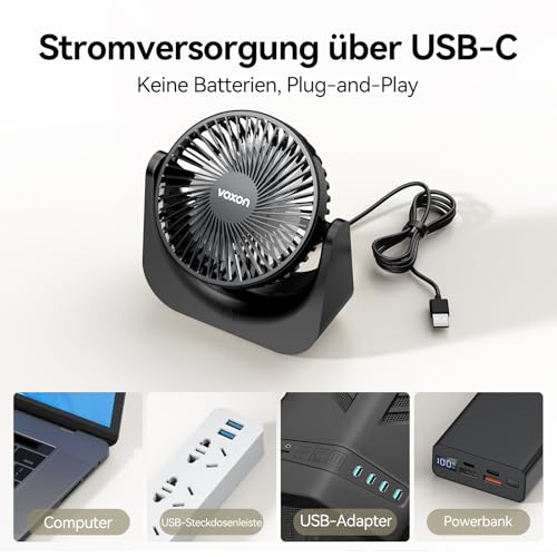 VOXON USB Tischventilator, Mini Ventilator mit 5 Geschwindigkeiten, Ventilator Leise, Usb Fan Klein mit 1,5M Langem Kabel, Tragbarer Usb Lüfter für Desktop Büro Zuhause Schlafzimmer, KEINE BATTERIE 6