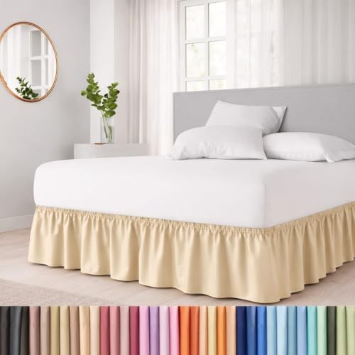 Image of Bed Skirt - Wrap Around Dust Ruffle Bed Frame Cover with Easy Fit Elastic Strap, Queen Size 24 Inch Drop, Microfiber Pleated, Machine Washable | Beige