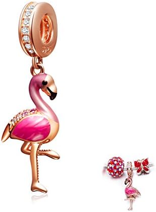 ENJOOOY Sterling Silver Pink Flamingo Charm Rose Gold Charm Pendant fit Women Pandora Style Bracelets