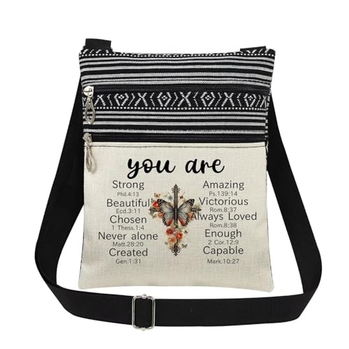 Cross Print Christian Siste Crossbody Bag Butterfly Floral Blessing Design Adjustable Shoulder Strap for Women Religious Scripture Gift Idea for Birthday or Christmas​​