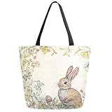 Fashion Extra Large Shoulder Tote Bag, Vintage Easter Bunny Flowers Eggs Canvas Durable Daily Weekender Handle Bag Ideal for Gym Picnic Yoga Beach Travel Kitchen Market Grocery Shopping