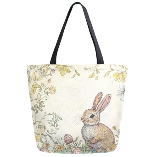 Fashion Extra Large Shoulder Tote Bag, Vintage Easter Bunny Flowers Eggs Canvas Durable Daily Weekender Handle Bag Ideal for Gym Picnic Yoga Beach Travel Kitchen Market Grocery Shopping
