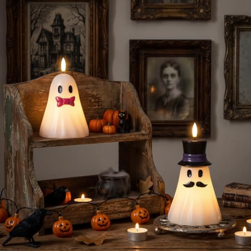 Image of Halloween Flameless Ghost Candles Spooky Ghost Decor, 2PCS | Halloween Decor Indoor, Halloween Decorations, Real Wax, Hand Painted, 6H Timer, Halloween Candles Battery Operated