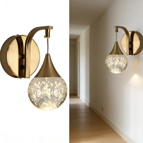 Image of LED Wall Sconces Dimmable, Modern Crystal Wall Sconce Indoor, Bubble Brass Wall Light for Bedroom Bathroom Living Room Dining Room Hallway,3300k 5W