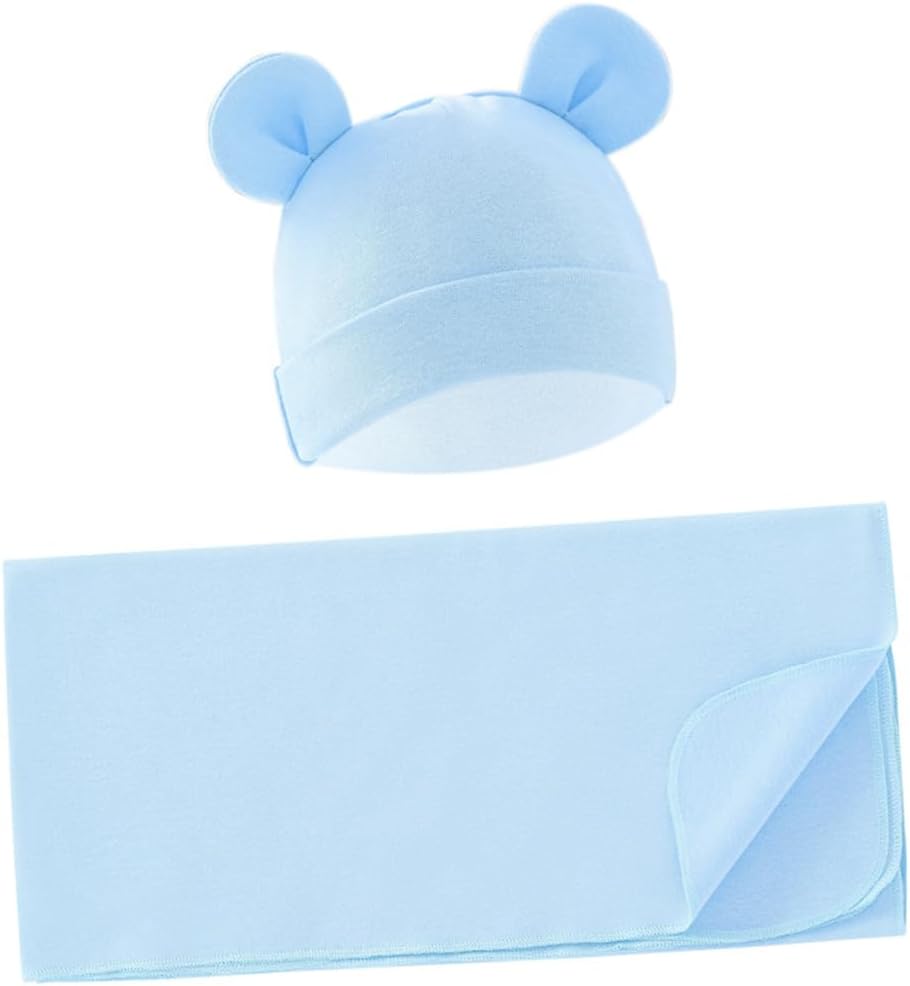 Exemaba Unisex Baby Swaddle Blanket with Hat Set Newborn Swaddle Receiving Blankets Sleep Sack for 0-3 Months Boys Girls(Light Blue)